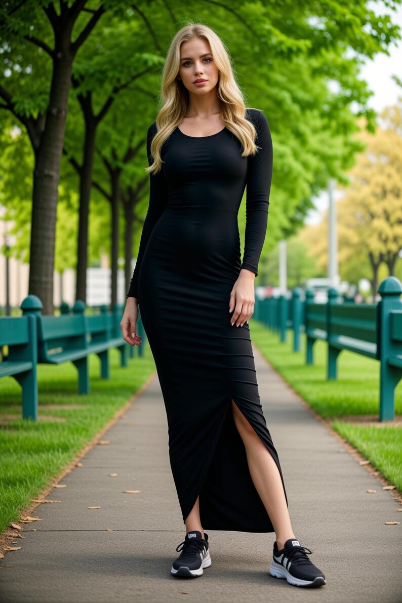 Puede incluir: Una mujer con un vestido negro maxi con una abertura lateral y mangas largas. Est&aacute; de pie en una acera con hierba verde y &aacute;rboles en el fondo.