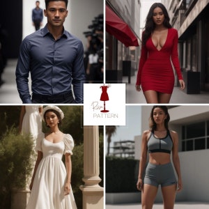 May include: A collage featuring four fashion images. A man in a dark blue button-down shirt, a woman in a red dress, a woman in a white dress, and a woman in a gray sports bra and shorts. The Riva Pattern logo is in the center.