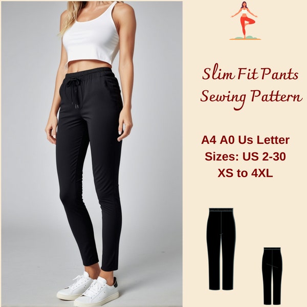 Slim Fit Pants Sewing Pattern, Elastic Waist Pants, Slim Fit Pant Trousers, Ankle Lenght Elastic Pants, Tapered Leg Women's Pants, XS-4XL