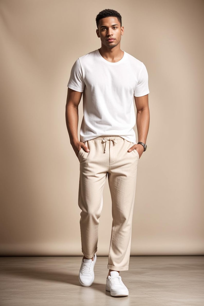 May include: A person wearing a white crew neck t-shirt, beige drawstring pants, and white sneakers. The outfit is simple and casual, suitable for everyday wear. The background is a solid beige color.