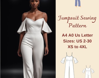 Palazzo Jumpsuit Sewing Pattern: Formal Womens Overalls (A4 A0 XS-4XL) (PDF Pattern)