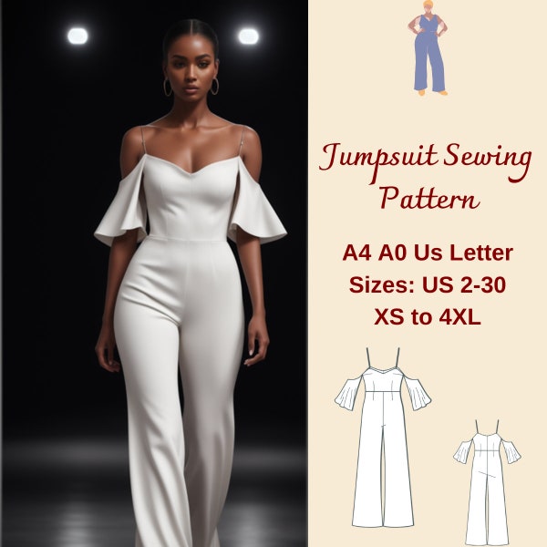 Palazzo Jumpsuit Sewing Pattern | Dungaree Pattern | Womens Jumpsuit Pattern | Bridal Shower Dress | Strap Jumpsuit, Overalls, A4 A0 XS-4XL