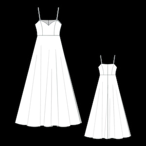 May include: Two white sleeveless dresses with a simple, elegant design. The dress on the left has a sweetheart neckline, while the dress on the right has a square neckline.