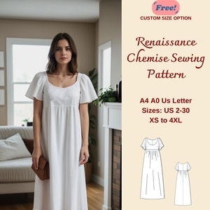 Renaissance Maxi Chemise Sewing Pattern, Gathered Maxi Cottagecore Dress, Regency, Elvish dress, Regency, Nightgown Pattern, XS-4XL