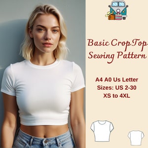 Einfaches Crop Top Schnittmuster, Kurzarm Crop Top, Basic Crop Top, Easy T-shirt Schnittmuster, Easy Stricktop, Crop Baby T-Shirt, XS-4XL