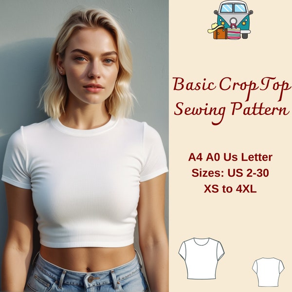 Eenvoudig crop top naaipatroon, crop top met korte mouwen, basic crop top, eenvoudig T-shirt naaipatroon, gemakkelijk gebreide top, crop baby tee, XS-4XL