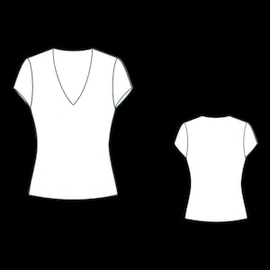 May include: A white v-neck t-shirt with short sleeves. The shirt is shown from the front and back.