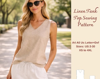 V Neck Linen Tank Top Sewing Pattern, Loose Fit Blouse, Women's Summer Top, XS-4XL