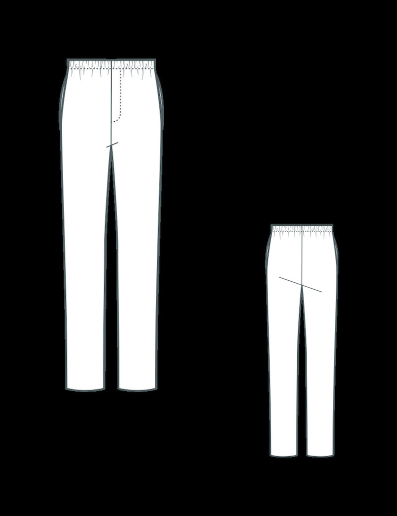 May include: Line drawing of two pairs of white pants. The pants have an elastic waistband and straight legs. One pair is full-length, and the other is a cropped version. The pants are depicted on a black background.
