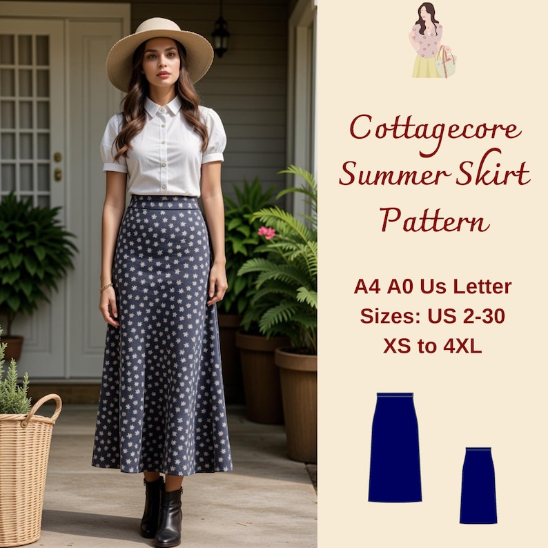 Cottagecore Midi Summer Skirt Sewing Pattern, A Line Cottagecore Skirt, Midi Skirt, Cottagecore Skirt Pattern, Floral Skirt, XS-4XL