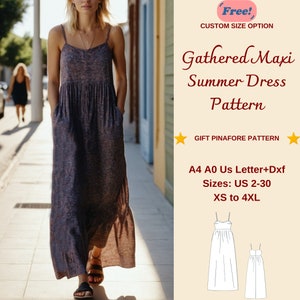 Naaipatroon maxi zomerjurk verzameld, zonnejurkpatroon, melkmeisjejurk, cirkeljurk, verzamelde jurk, A4 AO US, XS-4XL