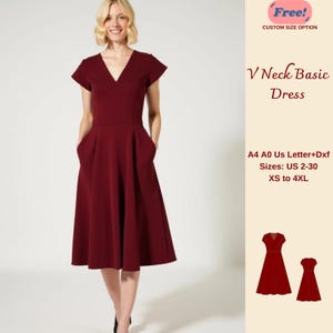 以下が含まれることがあります： 短い袖とポケットが付いた、ワインレッドのVネックドレス。ドレスはフレアスカートで、サイズUS 2-30、XSから4XLまで展開しています。画像には、「無料！カスタムサイズオプション」と「Vネックベーシックドレス」というテキストオーバーレイが含まれています。