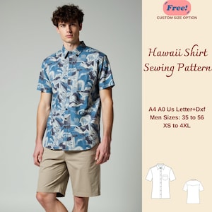 Op de afbeelding: Een naaipatroon voor een Hawaiiaans overhemd met korte mouwen. Het patroon omvat maten XS tot 4XL en is verkrijgbaar in de formaten A4, A0, US Letter en DXF. Het patroon wordt getoond op een model dat een blauw-wit geprint overhemd draagt.