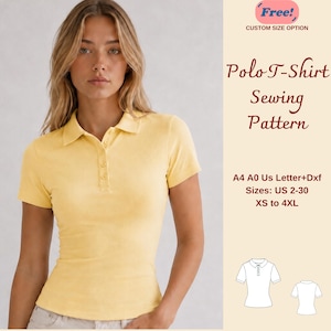 Puede incluir: Un polo amarillo con cuello y una tapeta de cuatro botones. El texto dice: Free! CUSTOM SIZE OPTION, Polo T-Shirt Sewing Pattern, A4 A0 Us Letter+Dxf, Sizes: US 2-30, XS to 4XL. Incluye un dibujo lineal de la parte delantera y trasera.