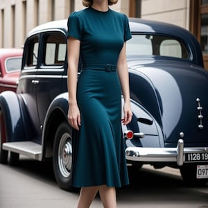 May include: A woman wearing a teal dress with a black belt and black heels walks in front of a vintage car. She is wearing a black beret and has her hair styled in a retro look.