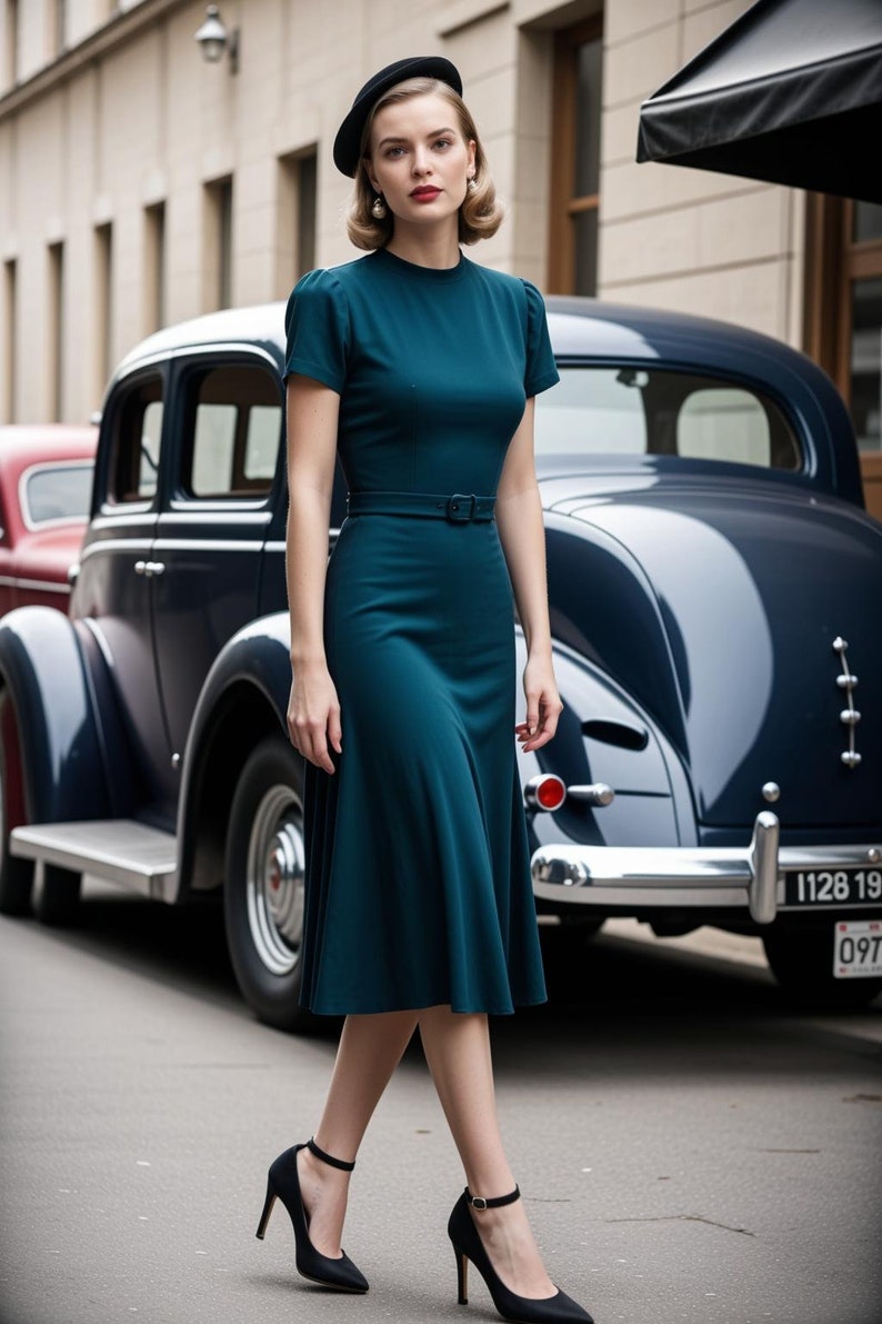 May include: A woman wearing a teal dress with a black belt and black heels walks in front of a vintage car. She is wearing a black beret and has her hair styled in a retro look.