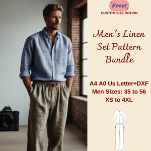 Puede incluir: Un patrón de descarga digital para un conjunto de camisa y pantalón de lino. El patrón incluye tallas de 35 a 56, XS a 4XL. El patrón está disponible en tamaños A4, A0 y US Letter. El patrón también está disponible en formato DXF. "Free! Custom Size Option" está escrito en la esquina superior derecha de la imagen.