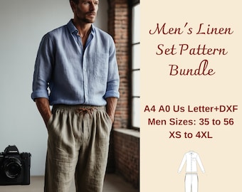 Men's Linen Set Bundle Pattern, Men's Linen Pants, Men' Summer Shirt, Man Trouser pattern,  Linen Shirt for Men, XS-4XL