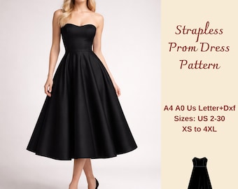 Strapless Midi Prom Dress Sewing Pattern, Bandeau Dress, Women Evening Dress, Corset Dress Pattern, Strapless Dress Pattern,  XS-4XL