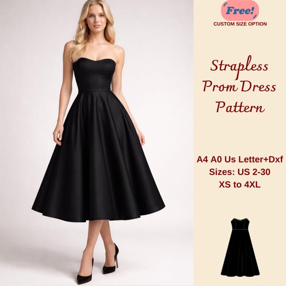 Strapless Midi Prom Dress Sewing Pattern, Bandeau Dress, Women Evening Dress, Corset Dress Pattern, Strapless Dress Pattern,  XS-4XL