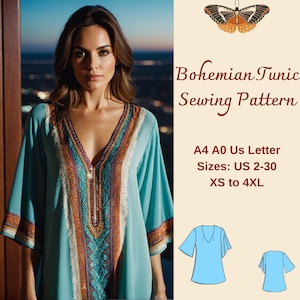 May include: A sewing pattern for a bohemian tunic in blue with colourful embroidery. The pattern includes sizes US 2-30, XS to 4XL, and is available in A4, A0, and UK Letter sizes.