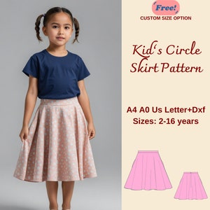 Patrón de costura de falda circular para niñas, patrón de costura para niños, patrón de falda para niños, patrón de falda de verano para niños, A4 A0 US DXF, 2-16 años