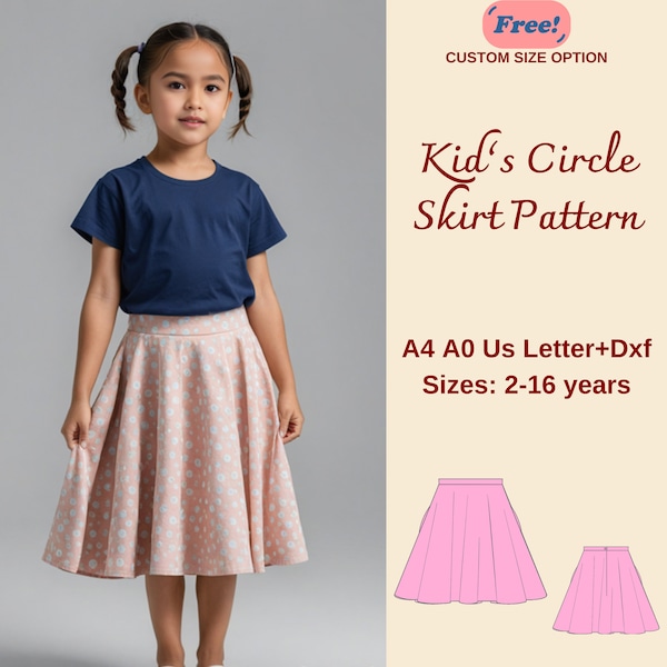 Circle Skirt for Girls Sewing Pattern, Sewing pattern for kids, Kid's Skirt Pattern, Summer Skirt pattern for kids, A4 A0 US DXF, 2-16 years