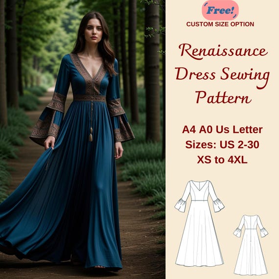 Victorian Renaissance Dress Sewing Pattern, Celtic Dress, Medieval Boho Dress, Elvish Dress, Cosplay Dress, XS-4XL, Custom Size pattern
