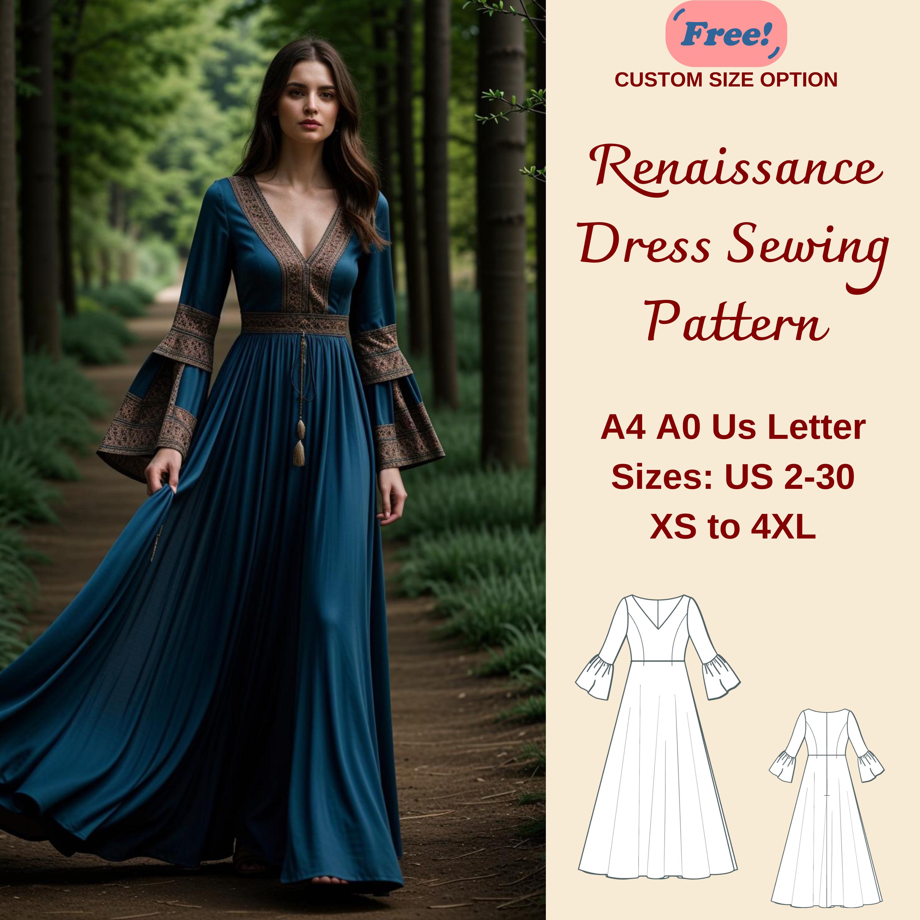 Victorian Renaissance Dress Sewing Pattern, Celtic Dress, Medieval Boho Dress, Elvish Dress, Cosplay Dress, XS-4XL, Custom Size pattern