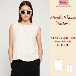 Peut inclure: Patron de chemisier blanc sans manches, tailles XS à 4XL. Le patron comprend des instructions pour coudre un chemisier simple avec un col rond. Le patron est disponible aux formats A4, A0, US Letter et DXF.