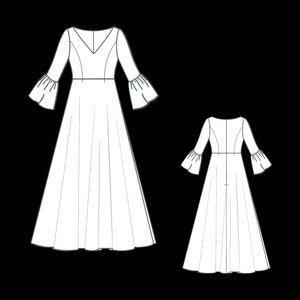 Op de afbeelding: Een witte maxi-jurk met een V-hals en 3/4 mouwen. De mouwen hebben een ruche detail bij de elleboog. De jurk heeft een getailleerd bovenlijf en een zwierige rok.