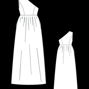 May include: A line drawing of two one-shoulder dresses. The dress on the left is longer than the dress on the right.
