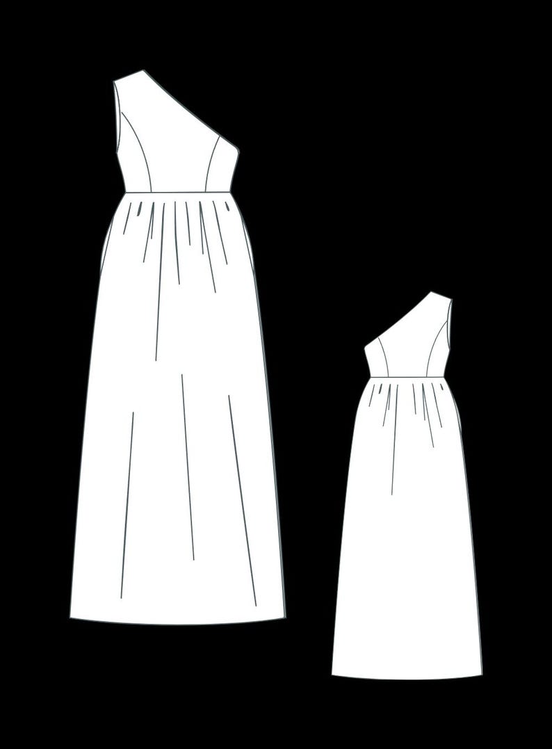 May include: A line drawing of two one-shoulder dresses. The dress on the left is longer than the dress on the right.