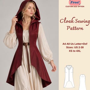 Schnittmuster für einen Kapuzenumhang, Halloween-Kostümschnittmuster, mittelalterliches Damenkleid, XS-4XL