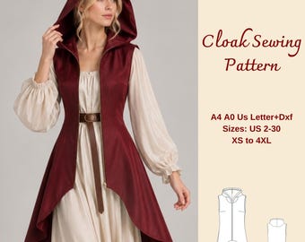 Hooded Cloak Sewing Pattern, Halloween Cape Costume Pattern, Women's Medieval Dress, XS-4XL