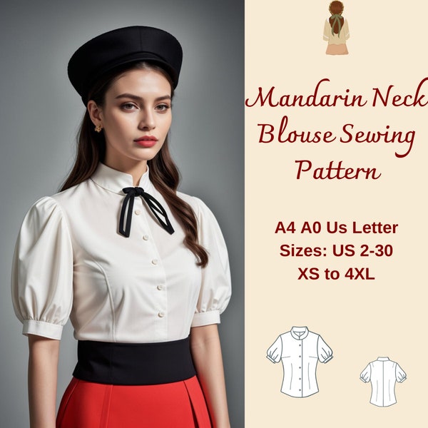 Mandarin Neck Cottagecore Blouse Sewing Pattern, Vintage Retro Blouse, 1950's Vintage Blouse, Button Down Women's Top Blouse Pattern, XS-4XL