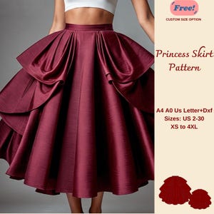 May include: A digital sewing pattern for a princess skirt. The pattern includes sizes US 2-30, XS to 4XL. The pattern is available in A4, A0, and US Letter sizes. The pattern is also available in Dxf format. The pattern is free with a custom size option.