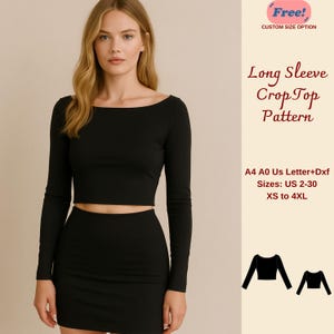 Può includere: Una donna indossa un top corto nero a maniche lunghe e una gonna abbinata. Il top ha uno scollo a barchetta. Il testo recita "Long Sleeve Crop Top Pattern" e "Sizes: US 2-30 XS to 4XL".
