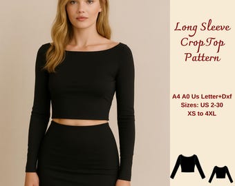 Boat Neck Crop Top Sewing Pattern: Long Sleeve Jersey Knit (XS-4XL) (PDF)
