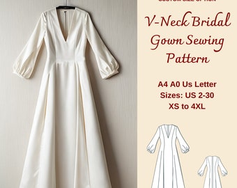 Bridal Gown Sewing Pattern, V Neck Bridal Gown, Cocktail Dress Pattern, Fairy Dress pattern, evening gown, Prom Dress Pattern, A4 A0 XS-4XL