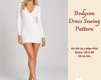 Bodycon Mini Dress Sewing Pattern, V Neck Fitted Dress for Women, XS-4XL