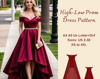 High Low Prom Dress Sewing Pattern, Off Shoulder Dress, Cocktail Dress, Ball Gown Pattern,  Evening Gown Pattern, XS-4XL