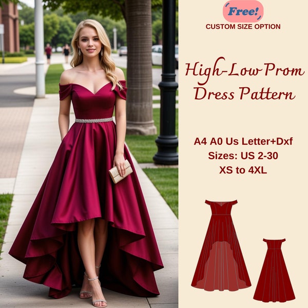 High Low Prom Dress Sewing Pattern, Off Shoulder Dress, Cocktail Dress, Ball Gown Pattern,  Evening Gown Pattern, XS-4XL