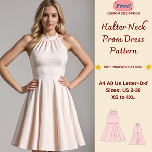 Puede incluir: Un patrón digital para un vestido de graduación de cuello halter. El patrón está disponible en las tallas US 2-30, XS a 4XL. El patrón está disponible en los tamaños A4, A0 y US Letter. El patrón también está disponible en formato DXF. El patrón es un patrón de delantal de regalo.