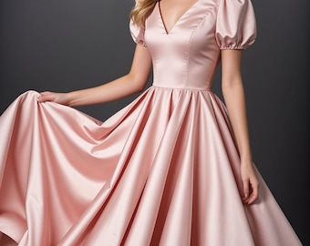 Schnittmuster für langes Abendkleid, Midi Kleid mit Puffärmeln und V-Ausschnitt (A4 A0, XS-4XL) (pdf)