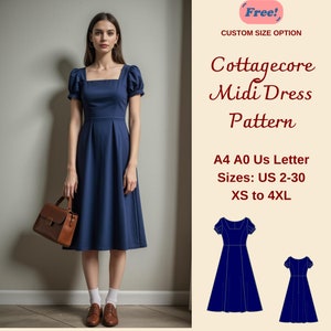 Square Neck Fairy Cottagecore Midi Dress Pattern, Renaissance, Regency, Midi Dress, A0-A4-Letter Sizes; US 2 to 30, Custom size pattern