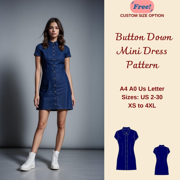 Button Down Mini Dress Sewing Pattern, Denim Dress Pattern, Button Front Dress, Babydoll Jean Shirt Dress, Million Button Dress, XS-4XL