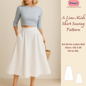 Puede incluir: Una mujer con un top corto azul claro y una falda midi blanca con forma de A con bolsillos. La imagen incluye el texto "A Line Midi Skirt Sewing Pattern" y "Tallas: US 2-30 XS to 4XL". Una pequeña cesta está en la mano de la mujer.