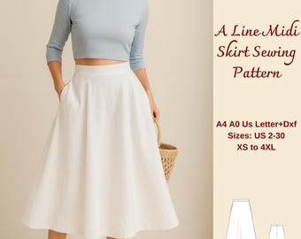 A Line Midi Skirt Sewing Pattern, Linen Midi Skirt Pattern, A Line Skirt, Linen Skirt Pattern, Women Midi Skirt with Pockets, XS-4XL