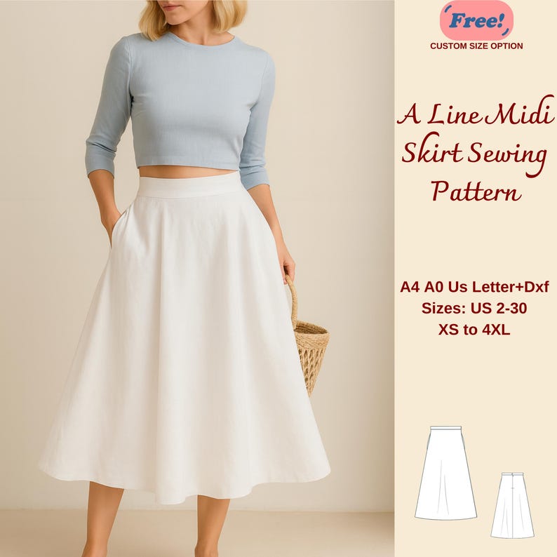 A Line Midi Skirt Sewing Pattern, Linen Midi Skirt Pattern, A Line Skirt, Linen Skirt Pattern, Women Midi Skirt with Pockets, XS-4XL